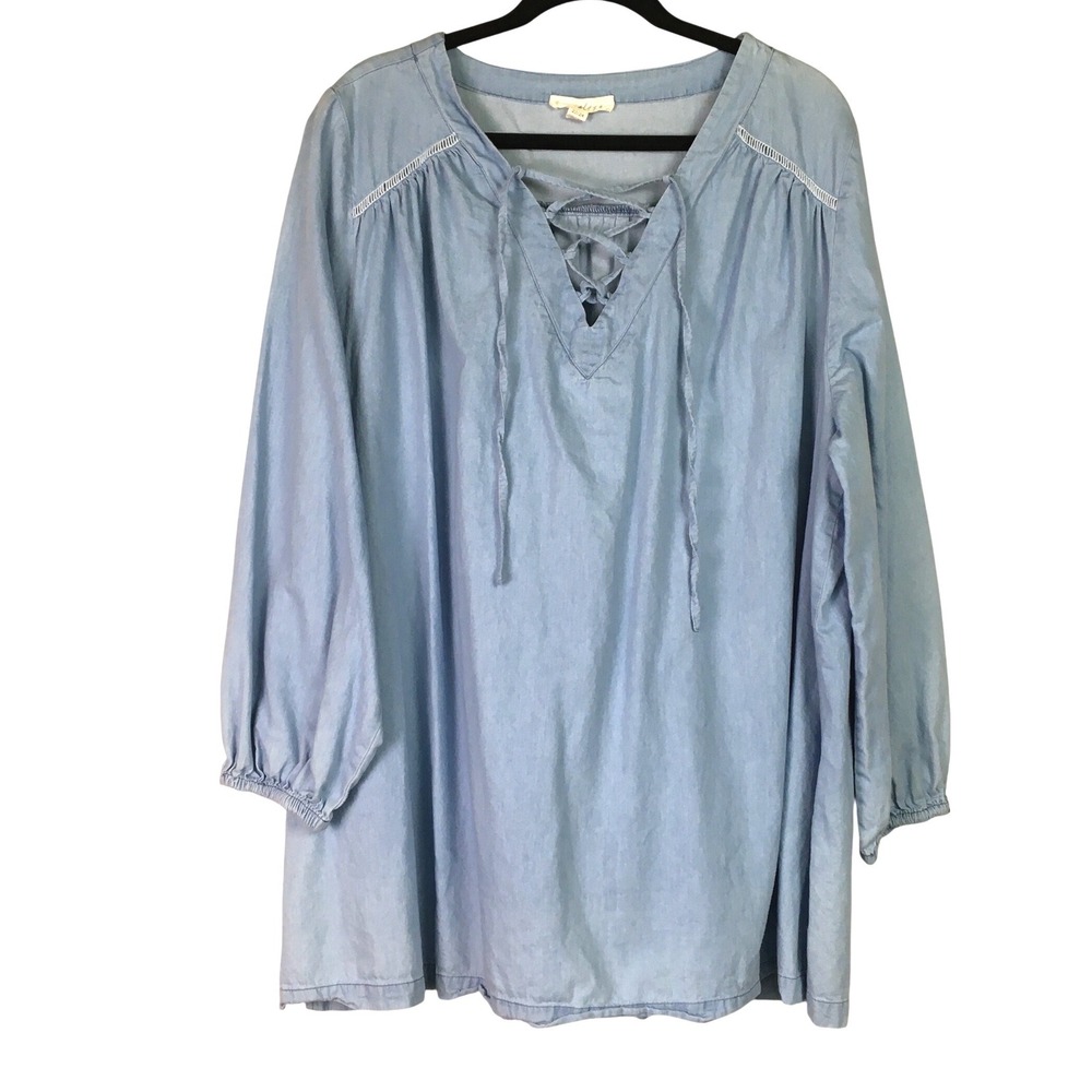 Aveology Lace Up V Neck Chambray Tunic 22/24 Light Blue